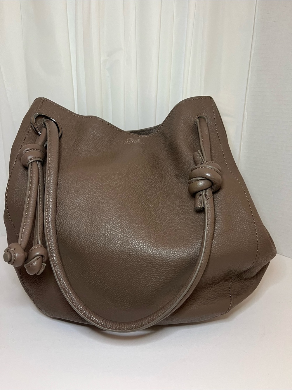 Vince Camuto Greige Pebbled Leather Knotted Shoulder Bag